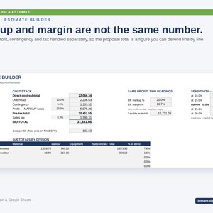 Pode incluir: Um modelo de planilha de estimativa de custos para Microsoft Excel e Google Sheets. O documento apresenta um cabe&ccedil;alho intitulado System 1 - Estimate Builder, com o texto Markup and margin are not the same number e uma tabela de custos detalhada.