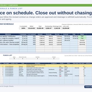 Pode incluir: Um modelo de gest&atilde;o de projetos digital para Microsoft Excel e Google Sheets intitulado Draw Schedule & Punch List. O documento apresenta duas tabelas que rastreiam marcos de constru&ccedil;&atilde;o, pagamentos e listas de tarefas com colunas de status.