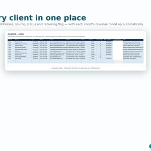 K&ouml;nnte beinhalten: Eine digitale Benutzeroberfl&auml;che mit dem Titel YOUR CRM und der &Uuml;berschrift Every client in one place. Sie zeigt eine Tabelle namens CLIENTS - CRM mit Spalten f&uuml;r Kundennamen, Kontaktdaten, Status und Notizen f&uuml;r Sparkle & Shine Cleaning Co.