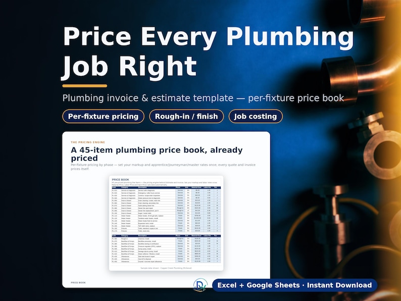 Może przedstawiać: Cyfrowy szablon faktury i kosztorysu hydraulicznego z cennikiem 45 pozycji. Tekst zawiera Price Every Plumbing Job Right, Per-fixture pricing, Rough-in / finish, Job costing oraz Excel + Google Sheets. W tle widoczne są miedziane rury.