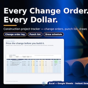 Op de afbeelding: Een digitaal bouwprojectvolgsysteem voor Excel en Google Sheets. De interface toont een wijzigingslogboek, een punchlist en een betalingsschema. De tekst bevat Every Change Order. Every Dollar. Price the change before you build it.