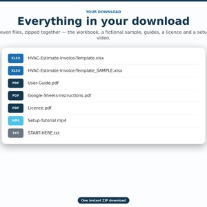May include: A digital download interface displaying the text 'Everything in your download' and a list of seven files: HVAC-Estimate-Invoice-Template.xlsx, HVAC-Estimate-Invoice-Template_SAMPLE.xlsx, User-Guide.pdf, Google-Sheets-Instructions.pdf, Licence.pdf, Setup-Tutorial.mp4, and START-HERE.txt.