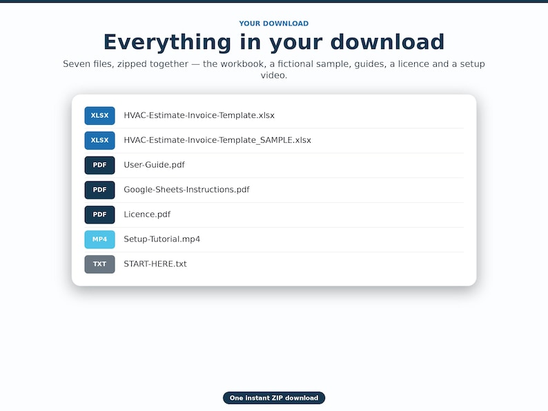 May include: A digital download interface displaying the text 'Everything in your download' and a list of seven files: HVAC-Estimate-Invoice-Template.xlsx, HVAC-Estimate-Invoice-Template_SAMPLE.xlsx, User-Guide.pdf, Google-Sheets-Instructions.pdf, Licence.pdf, Setup-Tutorial.mp4, and START-HERE.txt.