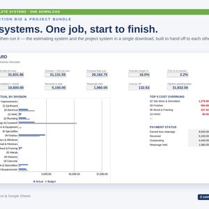 Pode incluir: Um painel digital de gest&atilde;o de projetos e propostas de constru&ccedil;&atilde;o para Microsoft Excel e Google Sheets. A interface exibe m&eacute;tricas financeiras, um gr&aacute;fico de barras de or&ccedil;amento versus real por divis&atilde;o e status de pagamentos.