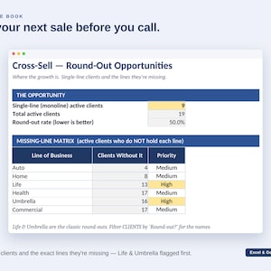 K&ouml;nnte beinhalten: Eine digitale Tabellenkalkulation mit dem Titel Cross-Sell Round-Out Opportunities. Sie zeigt Daten zu aktiven Kunden mit nur einer Sparte, die Gesamtzahl der aktiven Kunden und eine Matrix fehlender Sparten f&uuml;r Auto, Haus, Leben, Gesundheit und mehr.