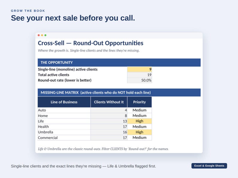 K&ouml;nnte beinhalten: Eine digitale Tabellenkalkulation mit dem Titel Cross-Sell Round-Out Opportunities. Sie zeigt Daten zu aktiven Kunden mit nur einer Sparte, die Gesamtzahl der aktiven Kunden und eine Matrix fehlender Sparten f&uuml;r Auto, Haus, Leben, Gesundheit und mehr.