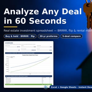 以下が含まれることがあります： 不動産投資スプレッドシートのデジタルダッシュボード。Analyze Any Deal in 60 Seconds, Real estate investment spreadsheet, BRRRR, flip & rental math, Buy & hold, 30-yr proforma, 5-deal compare, Excel + Google Sheets, Instant Downloadというテキストが含まれています。