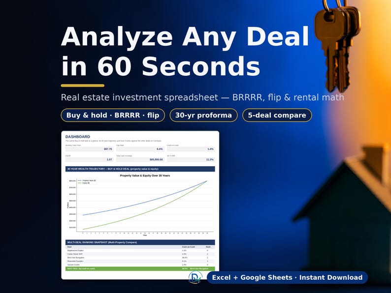 以下が含まれることがあります： 不動産投資スプレッドシートのデジタルダッシュボード。Analyze Any Deal in 60 Seconds, Real estate investment spreadsheet, BRRRR, flip & rental math, Buy & hold, 30-yr proforma, 5-deal compare, Excel + Google Sheets, Instant Downloadというテキストが含まれています。