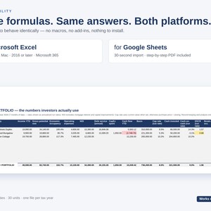 K&ouml;nnte beinhalten: Eine digitale Tabellenkalkulationsvorlage f&uuml;r die Analyse von Immobilieninvestitionen, kompatibel mit Microsoft Excel und Google Sheets. Die Benutzeroberfl&auml;che zeigt eine Portfoliotabelle mit Finanzkennzahlen wie Einnahmen, Ausgaben und Cashflow sowie klare Kopfzeilen und Datenzeilen.