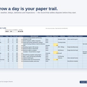 May include: A digital daily log spreadsheet template for Microsoft Excel and Google Sheets. The document features columns for date, weather, temperature, crew size, hours, work performed, delay reasons, deliveries, inspections, and notes.
