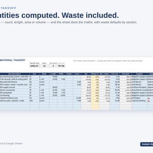 May include: A digital material takeoff spreadsheet template for Microsoft Excel and Google Sheets. The interface displays columns for section, item description, unit, mode, dimensions, count, quantity, waste percentage, and supplier delivery status.