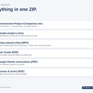 May include: A digital product list titled Everything in one ZIP. It includes Construction-Project-Companion.xlsx, a sample project .xlsx, a setup tutorial video MP4, a User Guide PDF, Google Sheets instructions PDF, and a Licence & terms PDF.