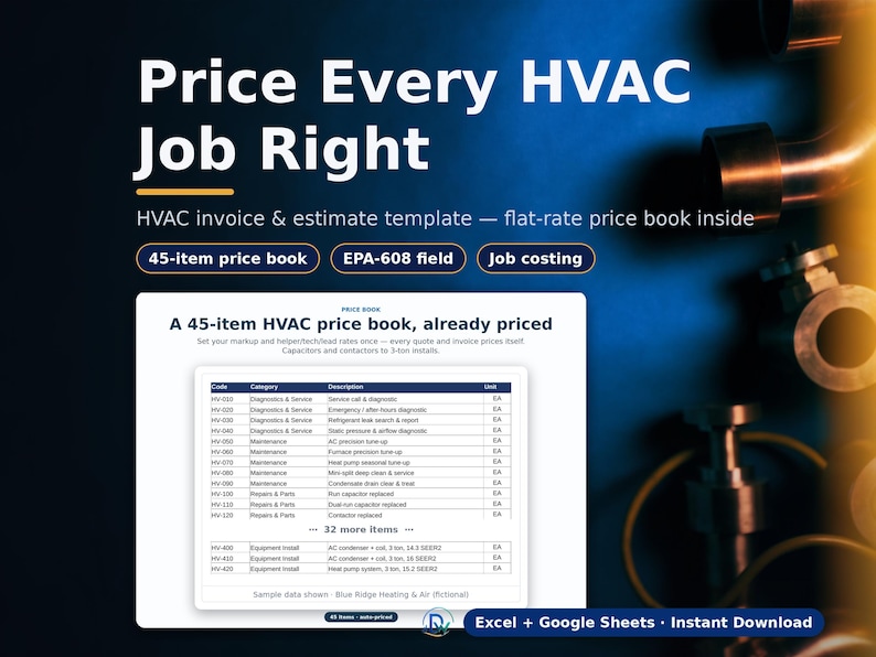 May include: An HVAC invoice and estimate template featuring a 45-item price book, EPA-608 field, and job costing. The document displays columns for code, category, description, and unit, with text reading Price Every HVAC Job Right.