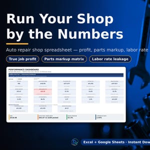 Puede incluir: Una plantilla de hoja de c&aacute;lculo digital para talleres de reparaci&oacute;n de autom&oacute;viles titulada Run Your Shop by the Numbers. Incluye un panel de rendimiento con varias m&eacute;tricas financieras, como el beneficio real y las tasas de mano de obra.