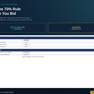 以下が含まれることがあります： Run the 70% Rule Before You Bidというテキストが表示されたFix & Flip計算機のデジタルインターフェース。画面には、174,000.00ドルの最大許容オファー額、19.67%のROI、70%ルールチェックのステータスフラグなどの財務データが表示されています。