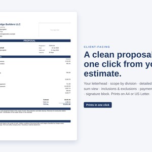 Pu&ograve; includere: Un modello di documento digitale per una proposta di costruzione di Summit Ridge Builders LLC. Il documento include sezioni per l'ambito del lavoro, inclusioni, esclusioni e un costo totale. Il testo a destra recita: A clean proposal, one click from your estimate. Your letterhead, scope by division, detailed or lump-sum view, inclusions and exclusions, payment schedule, signature block. Prints on A4 or US Letter.