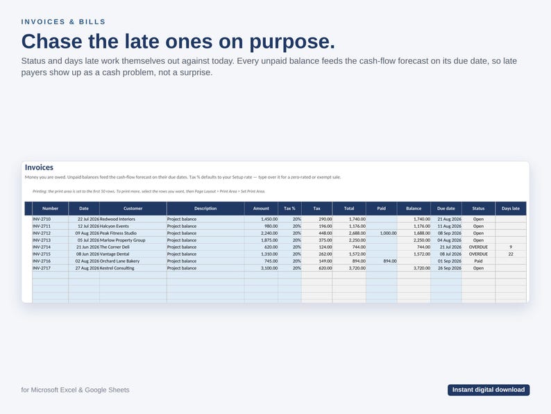 Op de afbeelding: Een digitaal spreadsheet-sjabloon voor facturen met de koptekst Chase the late ones on purpose. De tabel bevat kolommen voor nummer, datum, klant, omschrijving, bedrag, belasting, totaal, betaald, saldo, vervaldatum, status en dagen te laat.