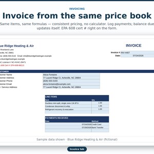 May include: A digital invoice template for Blue Ridge Heating & Air displaying company contact details, customer information for Alicia Fontaine, line items for HVAC services, and a payments received section with dates and methods listed.
