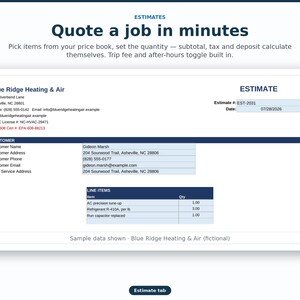 May include: A digital estimate form for Blue Ridge Heating & Air featuring fields for customer details, including name Gideon Marsh, address, phone, and email. The document lists line items for AC tune-up, refrigerant, and a capacitor replacement.