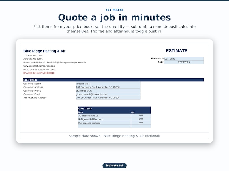 May include: A digital estimate form for Blue Ridge Heating & Air featuring fields for customer details, including name Gideon Marsh, address, phone, and email. The document lists line items for AC tune-up, refrigerant, and a capacitor replacement.