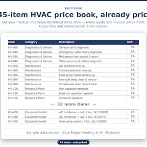 May include: A digital HVAC price book document featuring a table with columns for Code, Category, Description, and Unit. The text reads: A 45-item HVAC price book, already priced. Set your markup and helper/tech/lead rates once. 32 more items.
