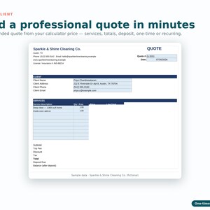K&ouml;nnte beinhalten: Eine digitale Dokumentvorlage mit dem Titel QUOTE f&uuml;r Sparkle & Shine Cleaning Co. mit Feldern f&uuml;r Kundendaten, Leistungsbeschreibungen wie Grundreinigung und Backofenreinigung sowie Finanz&uuml;bersichten wie Zwischensumme und Gesamtbetrag.