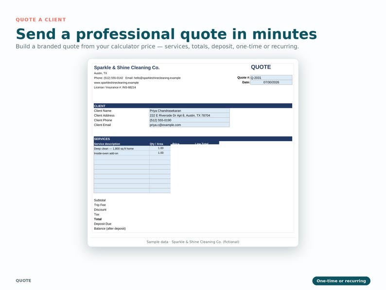 K&ouml;nnte beinhalten: Eine digitale Dokumentvorlage mit dem Titel QUOTE f&uuml;r Sparkle & Shine Cleaning Co. mit Feldern f&uuml;r Kundendaten, Leistungsbeschreibungen wie Grundreinigung und Backofenreinigung sowie Finanz&uuml;bersichten wie Zwischensumme und Gesamtbetrag.