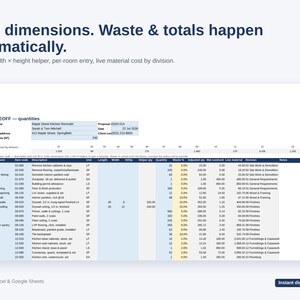 Pu&ograve; includere: Un modello di foglio di calcolo digitale per il computo metrico di costruzione, compatibile con Microsoft Excel e Google Sheets. Il documento presenta intestazioni per i dettagli del lavoro, le quantit&agrave; di materiale, gli scarti e i costi.