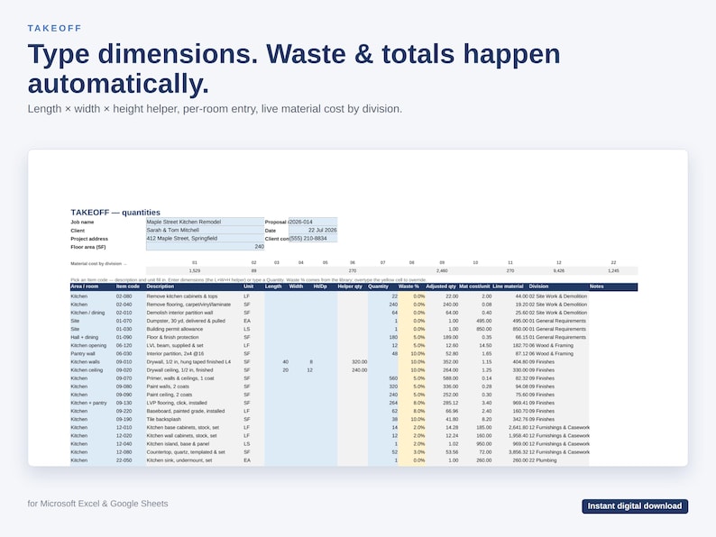Pu&ograve; includere: Un modello di foglio di calcolo digitale per il computo metrico di costruzione, compatibile con Microsoft Excel e Google Sheets. Il documento presenta intestazioni per i dettagli del lavoro, le quantit&agrave; di materiale, gli scarti e i costi.