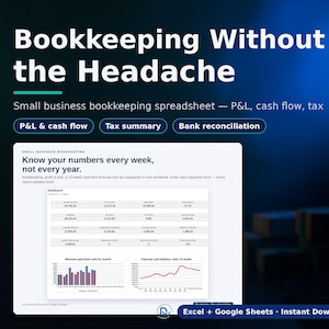 Op de afbeelding: Een digitaal boekhoud-spreadsheet voor kleine bedrijven met de tekst Bookkeeping Without the Headache. De interface toont een dashboard met financi&euml;le tabellen, een staafdiagram voor inkomsten en een lijngrafiek voor de kasstroom.