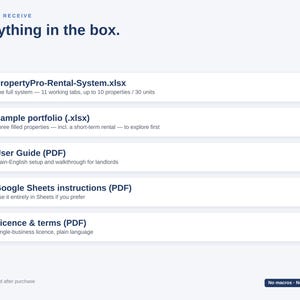 K&ouml;nnte beinhalten: Eine digitale Produktliste mit dem Titel Everything in the box. Sie enth&auml;lt PropertyPro-Rental-System.xlsx mit 11 Reitern, ein Sample portfolio.xlsx, ein User Guide PDF, Google Sheets instructions PDF und eine Licence & terms PDF. Text unten: No macros - No subscription.
