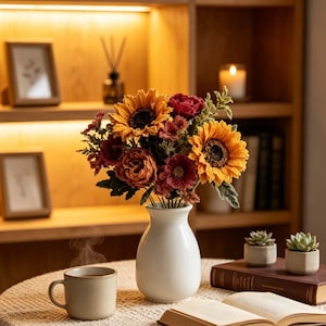 Puede incluir: Un ramo de girasoles, rosas y otras flores en un jarrón blanco. El arreglo está sobre una mesa con una taza de café, libros y pequeñas suculentas en macetas. El fondo incluye una estantería de madera y una vela encendida.