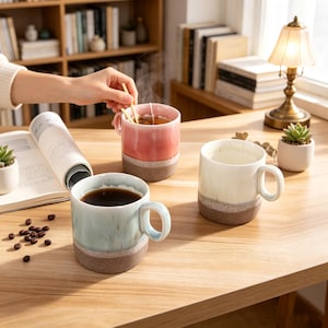 Puede incluir: Tres tazas de cerámica con un diseño de dos tonos que presenta una sección superior esmaltada lisa y una base marrón texturizada y moteada. Una taza es azul claro, otra rosa y otra crema. Cada taza tiene un asa resistente y forma cilíndrica.