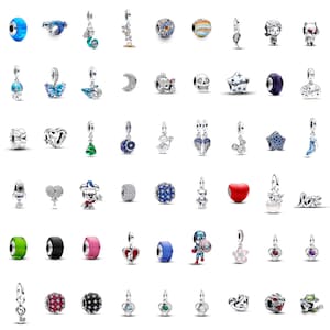 May include: A collection of assorted metal and glass charms for bracelets, featuring various shapes including hearts, stars, animals, characters, and geometric patterns in silver, blue, pink, red, green, and black tones with intricate detailing.