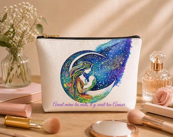 Pochette per il trucco in stile boho per la mamma – Regalo per la festa della mamma – Pochette per il trucco da donna – Illustrazione di mamma e bambino – Regalo per neonato – Stile boho naturalistico
