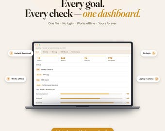 Interactive Productivity Dashboard: Goal Tracker, OKR Board, Win Log (Instant Download)