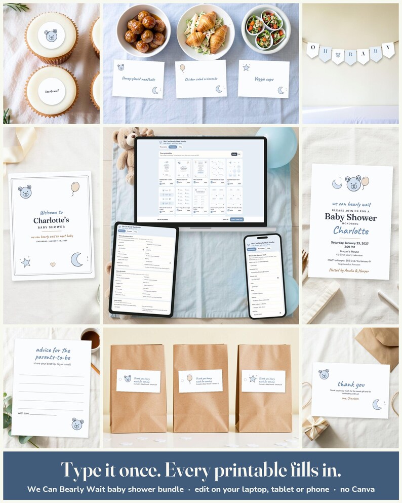 Teddy Bear Baby Shower Everything Kit: edit on a laptop, tablet or phone, every printable fills in