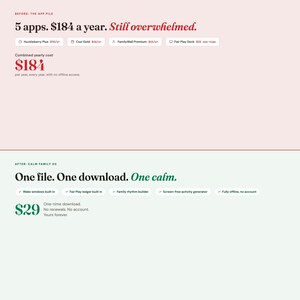 Op de afbeelding: Een grafiek die app-kosten vergelijkt, met de tekst "5 apps. $184 per jaar. Nog steeds overweldigd." en "E&eacute;n bestand. E&eacute;n download. E&eacute;n rust." Het onderste gedeelte toont kosten van $29.