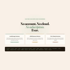 Peut inclure: Une interface num&eacute;rique sur fond cr&egrave;me affichant le texte : YOUR FAMILY DATA NEVER LEAVES YOUR BROWSER. No account. No cloud. No subscriptions. Ever. Trois encadr&eacute;s blancs d&eacute;taillent localStorage Autosave, JSON Backup & Restore et Print-Ready Summary, avec une barre de code marron fonc&eacute; en bas.