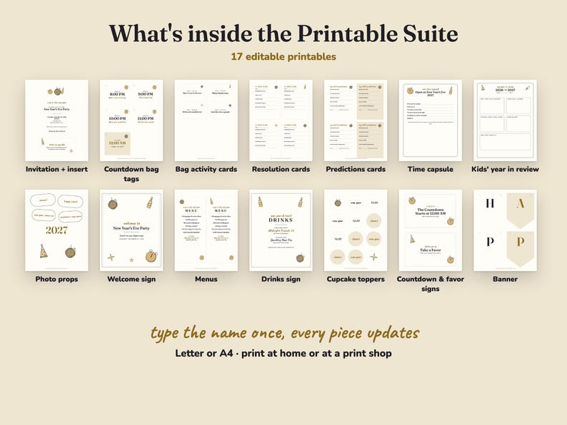 Everything included in the Midnight Sparkle new year s eve party Printable Suite