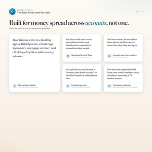 Peut inclure: Une interface num&eacute;rique sur fond clair avec le titre Built for money spread across accounts, not one. Elle comprend cinq cartes rectangulaires blanches contenant du texte sur le suivi financier, les feuilles de calcul et les connexions bancaires.