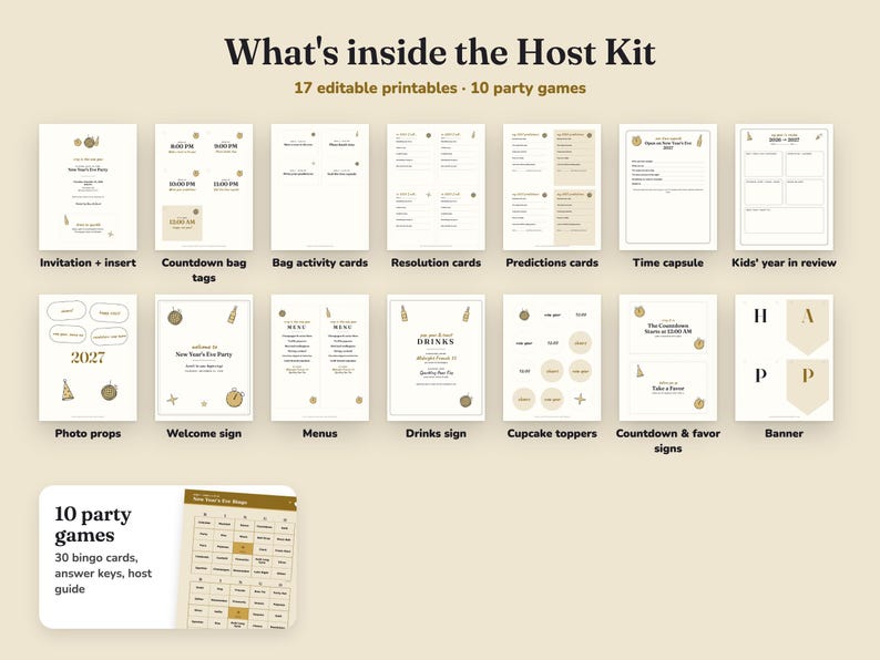 Everything included in the Midnight Sparkle new year s eve party Host Kit