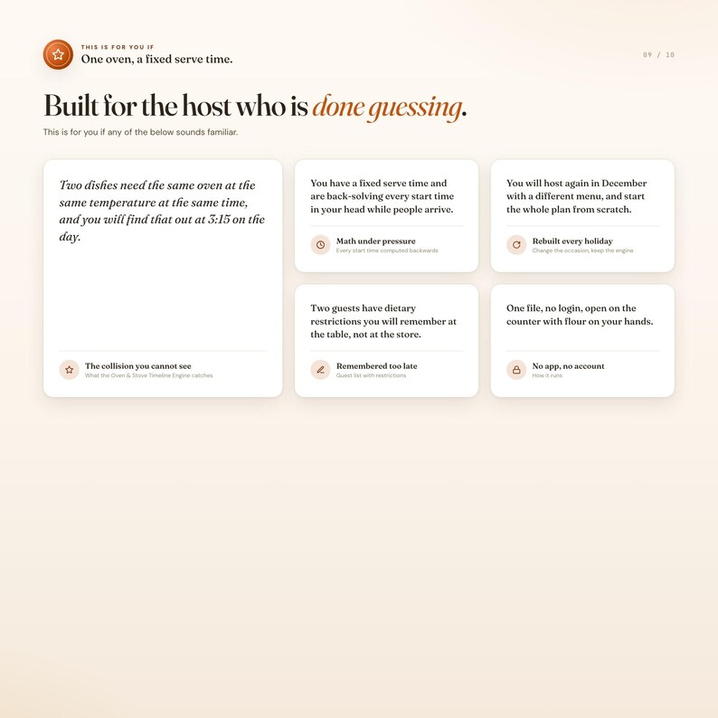 Who this holiday hosting dashboard is for: hosts back-solving every start time in their head against a fixed serve time