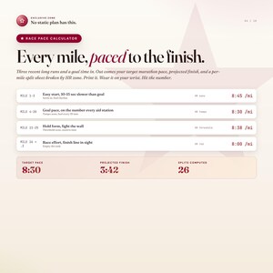 K&ouml;nnte beinhalten: Ein Renntempo-Rechner mit dem Text "Every mile, paced to the finish." Der Rechner bietet eine Aufschl&uuml;sselung der Marathon-Pace, einschlie&szlig;lich Zieltempo, voraussichtlicher Zielzeit und Split-Berechnungen. Das Farbschema ist haupts&auml;chlich Wei&szlig; und Rosa.