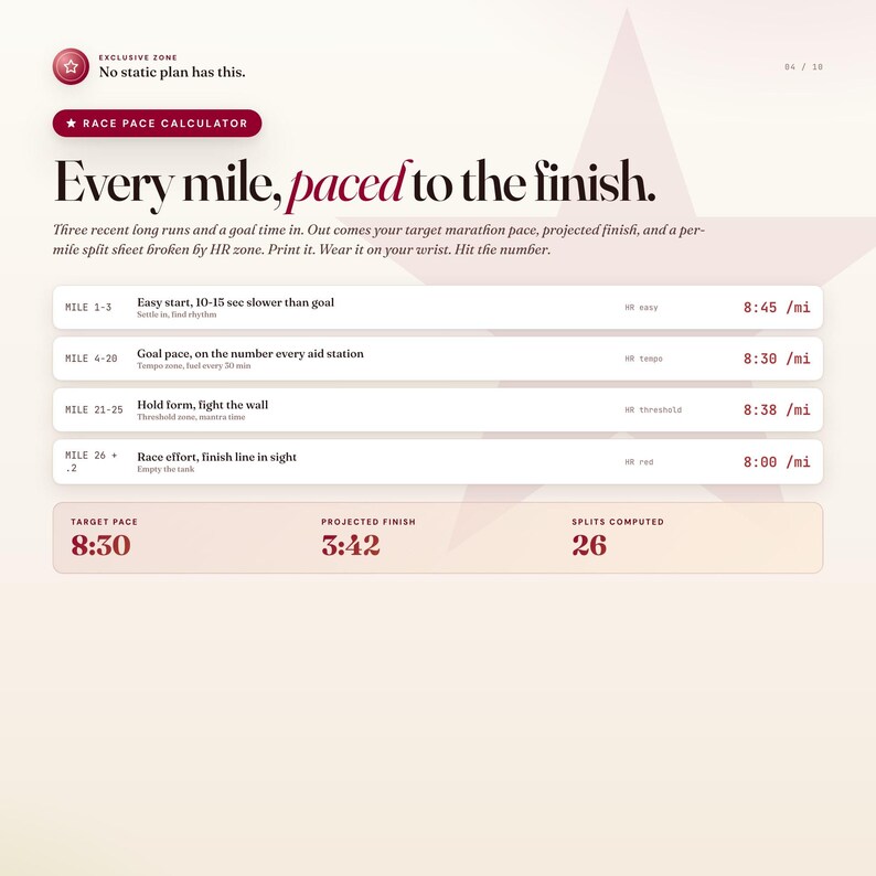 K&ouml;nnte beinhalten: Ein Renntempo-Rechner mit dem Text "Every mile, paced to the finish." Der Rechner bietet eine Aufschl&uuml;sselung der Marathon-Pace, einschlie&szlig;lich Zieltempo, voraussichtlicher Zielzeit und Split-Berechnungen. Das Farbschema ist haupts&auml;chlich Wei&szlig; und Rosa.