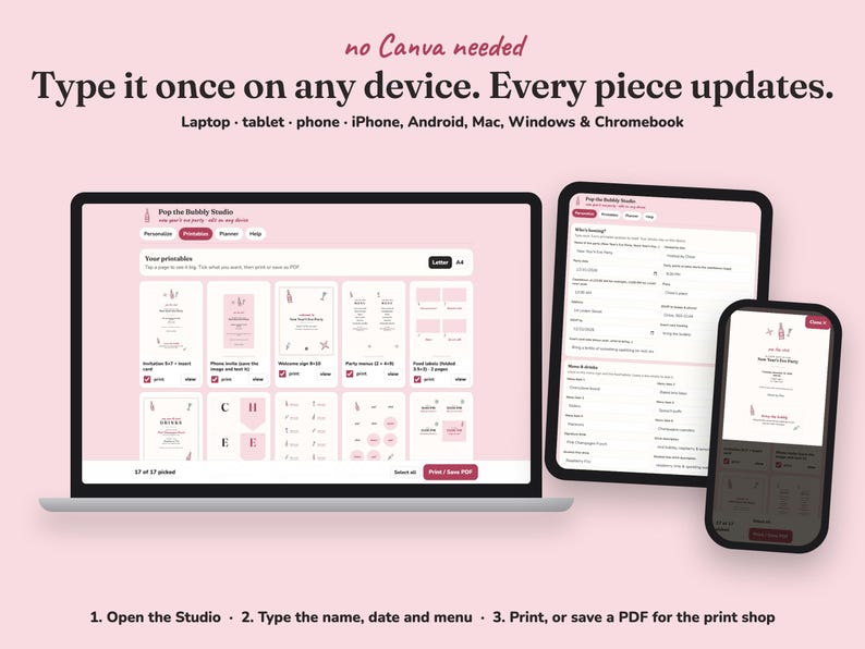 Editing the Pop The Bubbly new year s eve party printables on a laptop, tablet or phone
