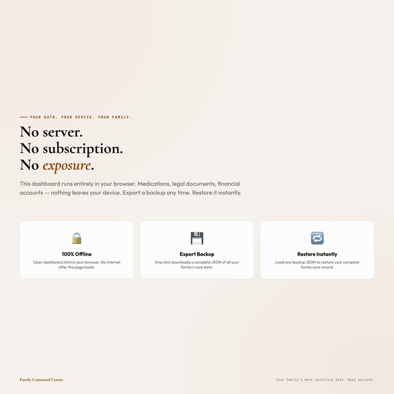 May include: A webpage design with text that reads "No server. No subscription. No exposure." Below are three white boxes with icons and text: a lock, a floppy disk, and a refresh symbol. The text describes offline access, backup, and restore features.