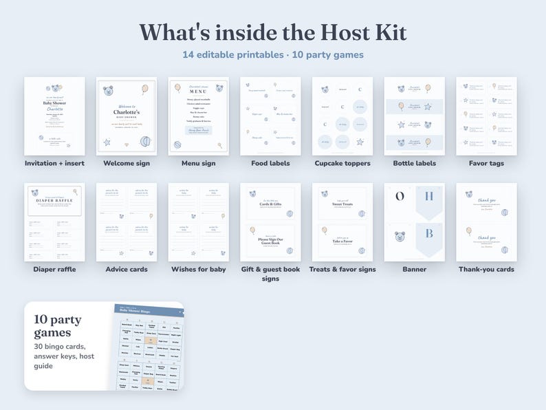 Everything included in the Teddy Bear baby shower Host Kit