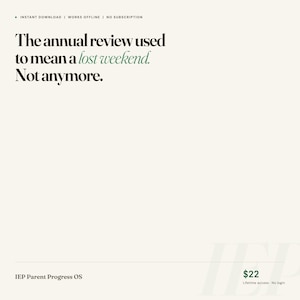 May include: A digital document titled IEP Parent Progress OS with the text: The annual review used to mean a lost weekend. Not anymore. Features include instant download, works offline, and no subscription. The design uses black and green text.