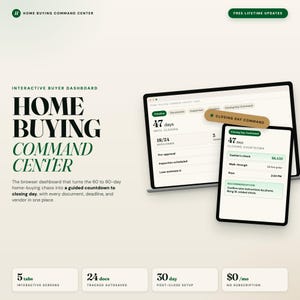 May include: A digital display of the "Home Buying Command Center" dashboard on a laptop and tablet. The interface shows a countdown to closing day, documents, and interactive screens. The text includes "Free Lifetime Updates".